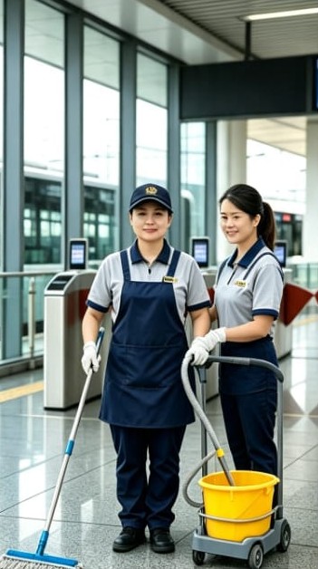 Equipe de limpeza da EL Security uniformizada em um terminal